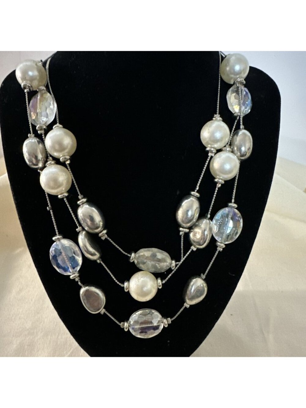 Multi Strand Tiered Bead Necklace Mixed Faux Pearl